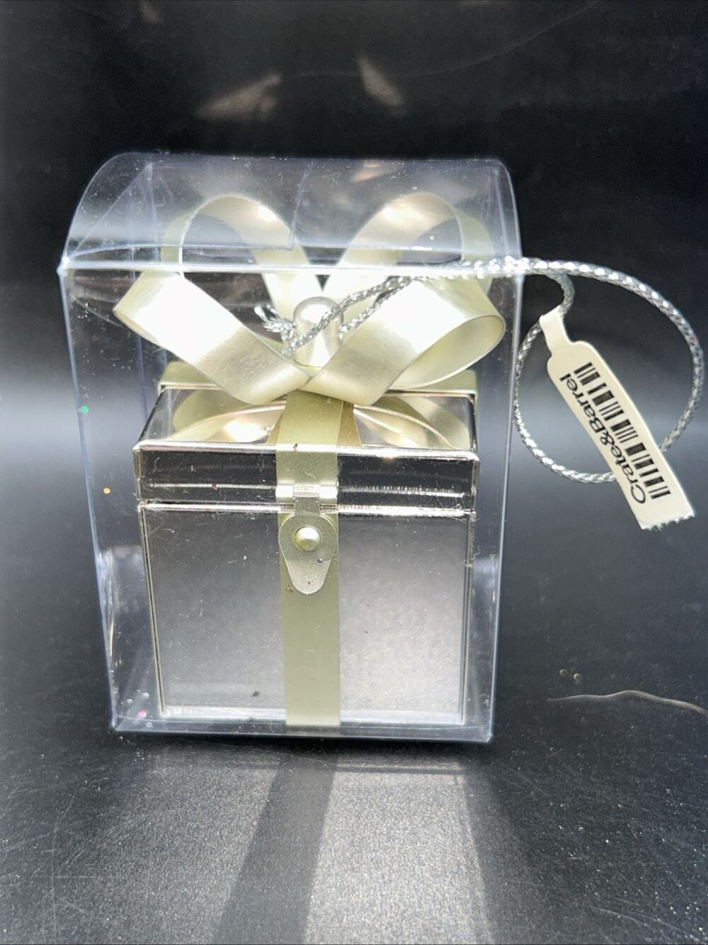 Vintage 2” Crate & Barrel Silver Tone Gift Box Ornament With Bow Latch Opens